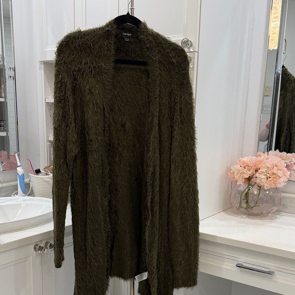 Lord & Taylor Olive Fuzzy Cardigan - Picture 2 of 7